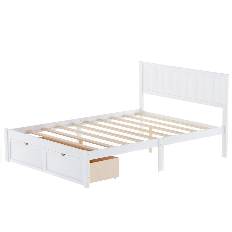Full Size Platform Bed With Under Bed Drawers - White