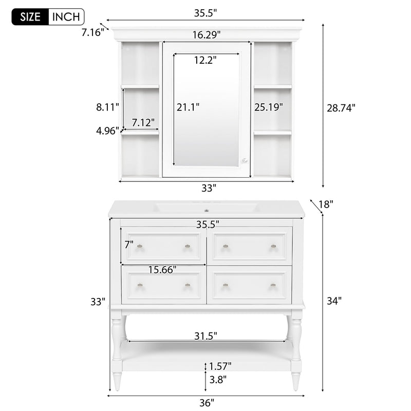 Bathroom Vanity With Medicine Cabinet, Storage Cabinet With 4 Drawers, Adjustable Shelf Mirror