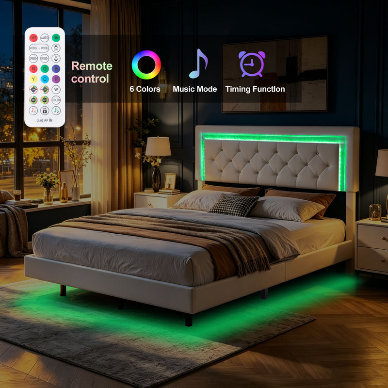 Platform Bed Frame With Adjustable Upholstered Headboard, RGB LED Lights, No Box Spring Needed