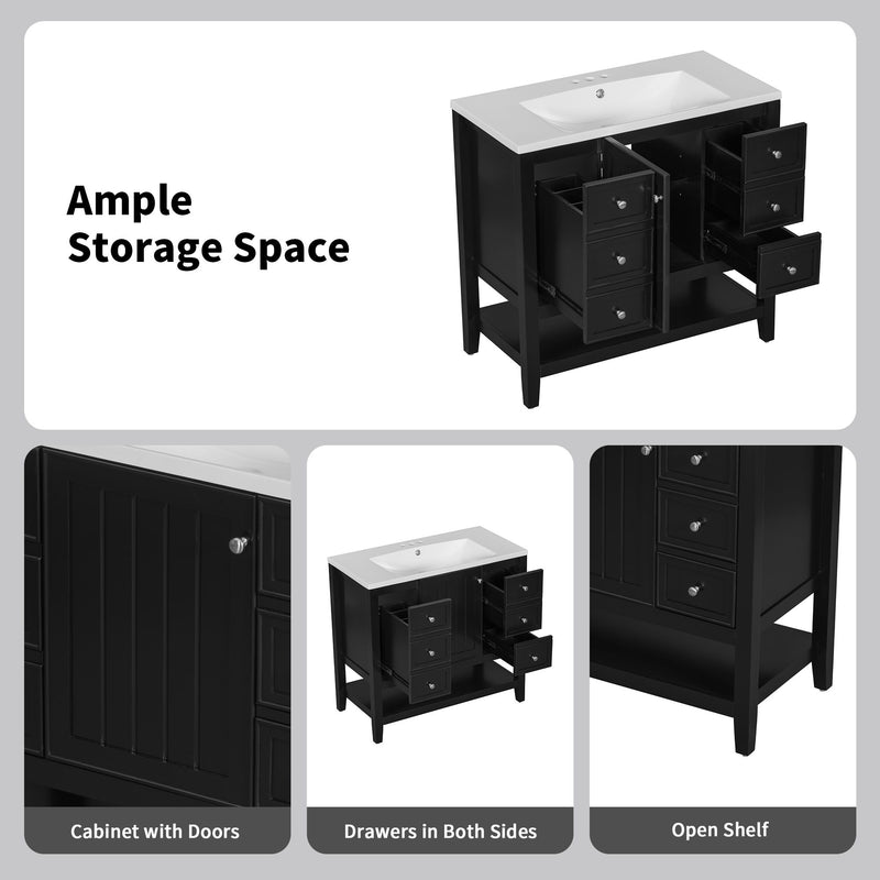 36" Bathroom Vanity Base With 2 Cabinet And 3 Drawers - Black