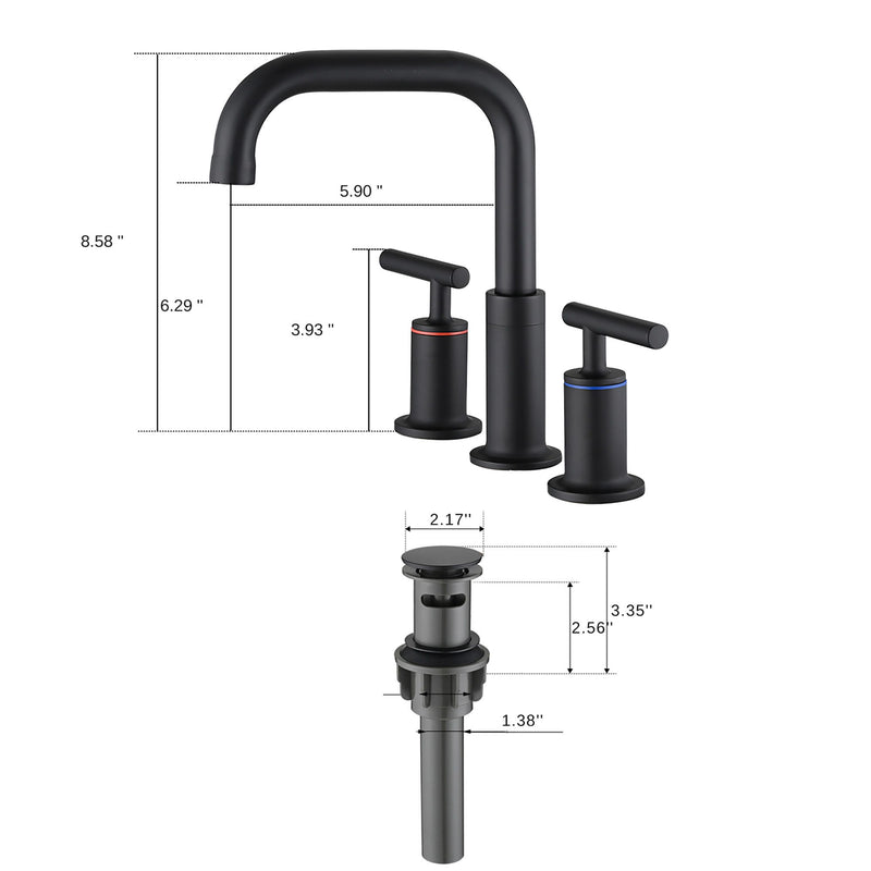 Widespread Bathroom Sink Faucet With Pop Up Drain And Brass Construction - Matte Black