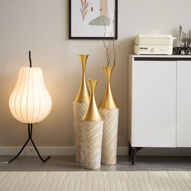 Floor Metal Vase Modern Style Decoration Home Woven Pattern Metal Vase 3 Piece Set Gorgeous Home Decoration Large Glazed Metal Vase - Champagne