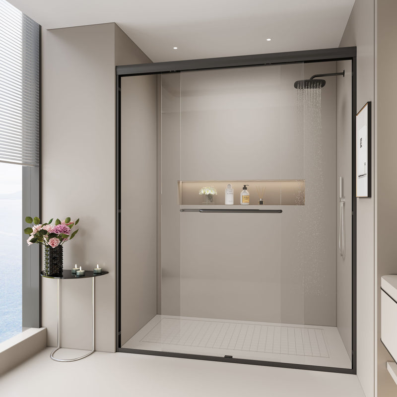Double Sliding Shower Door, Semi-Frameless Bypass Bathroom Sliding Door With 1/4" (6 Mm) Tempered Glass For Walk-In Shower