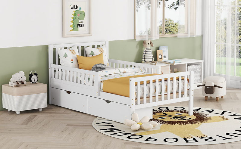 Platform Bed With Guardrails On Both Sides And 2 Storage Drawers