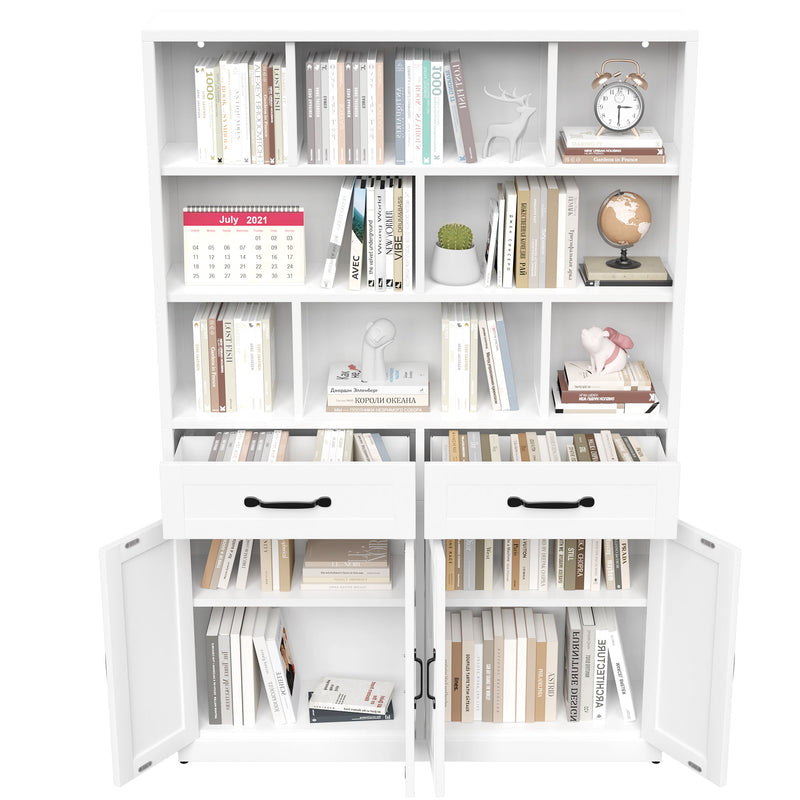 Bookcase Tall With 2 Doors & 2 Drawers, Fixed Open Shelves - White