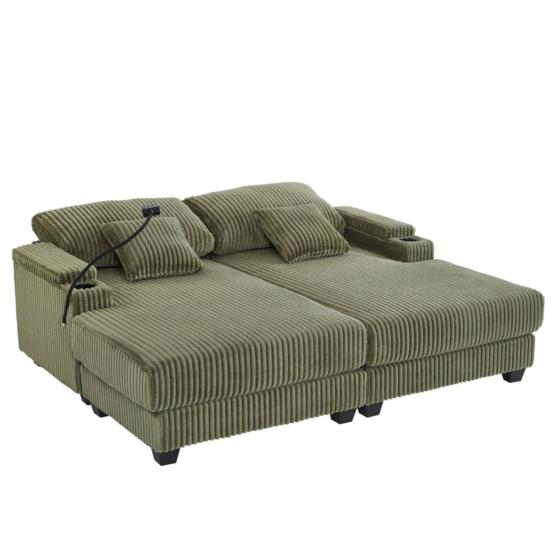 Modern Chaise Sofa With Adjustable Backrest, Cup Holders, Phone Holder & Storage Compartments For Living Room