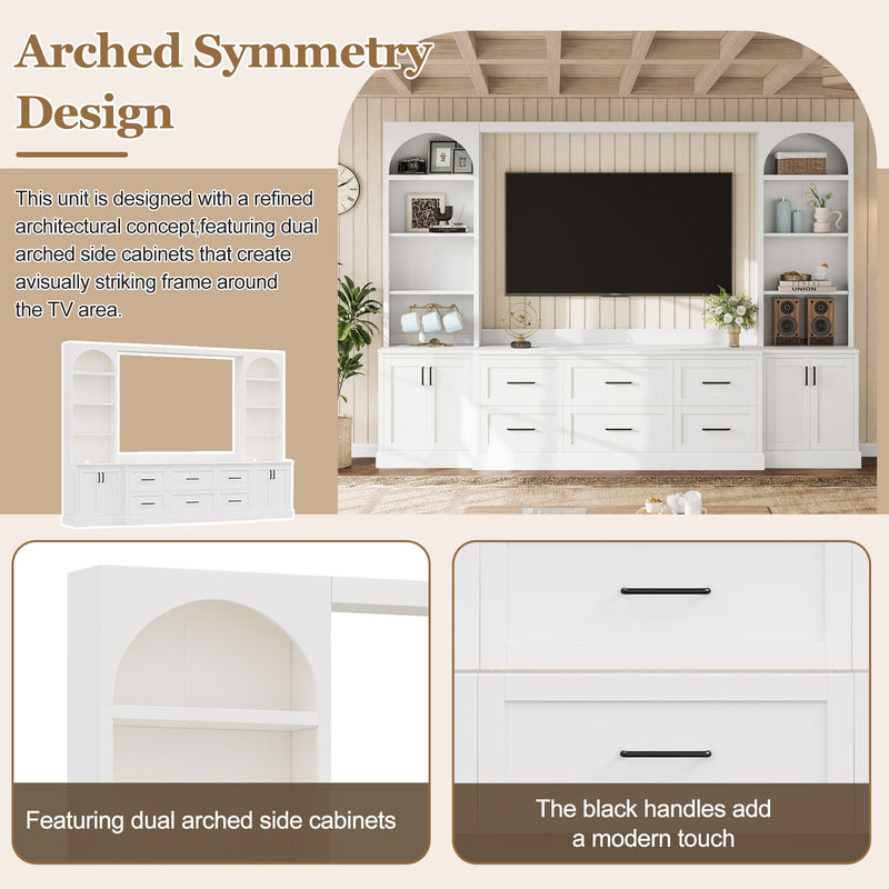 Arched Entertainment Center Wall Unit With 6 Drawers, Large TV Stand With Bookshelves