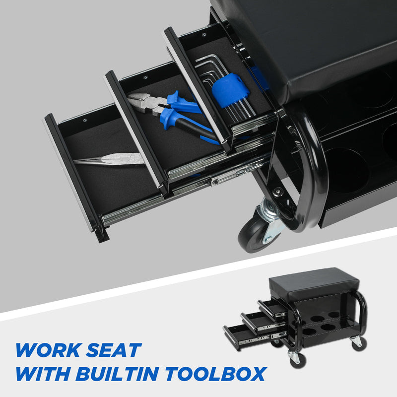 Rolling Creeper Garage Seat With 3 Built In Drawers, Rolling Tool Chest For Shop Or Garage - Black
