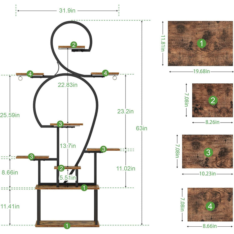 Plant Stand Indoor With Grow Light, 9 Tiered 63" Tall Indoor Plant Shelves For Multiple Plants - Walnut / Black