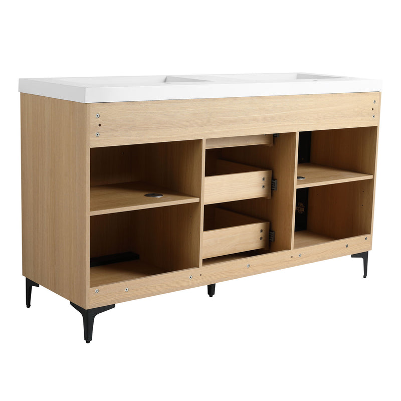 Original 60" Freestanding Bathroom Vanity With Double Resin Sink Plywood Soft Closing Doors & Drawers - Oak