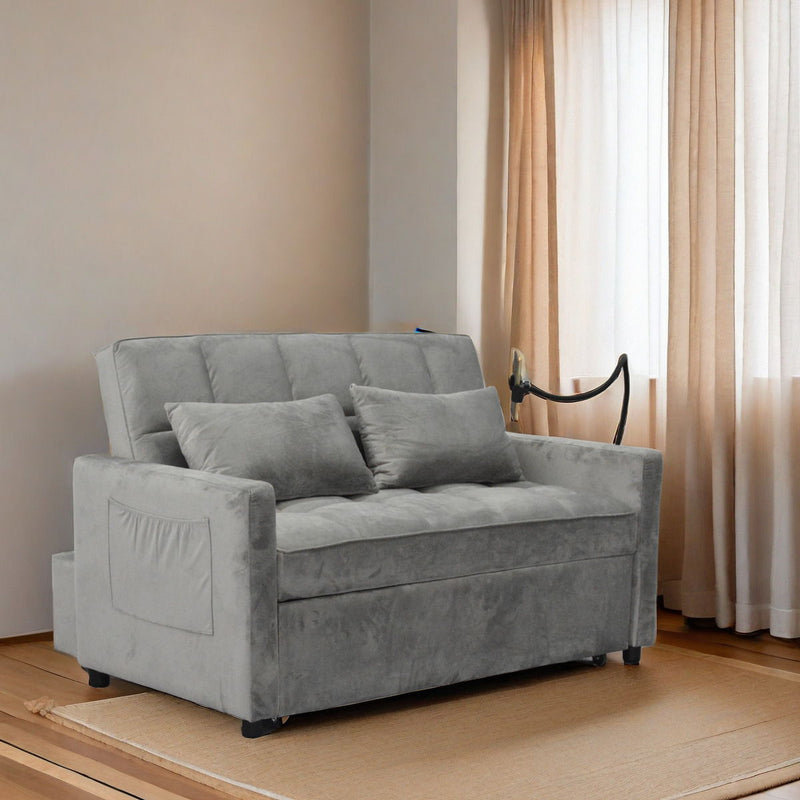 3 In 1 Convertible Sleeper Sofa Bed, Modern Fabric Futon Sofa Couch Pullout Bed, Adjustable Backrest With Three USB Ports, Two Side Pockets, Two Cup Holders And Swivel Phone Holder