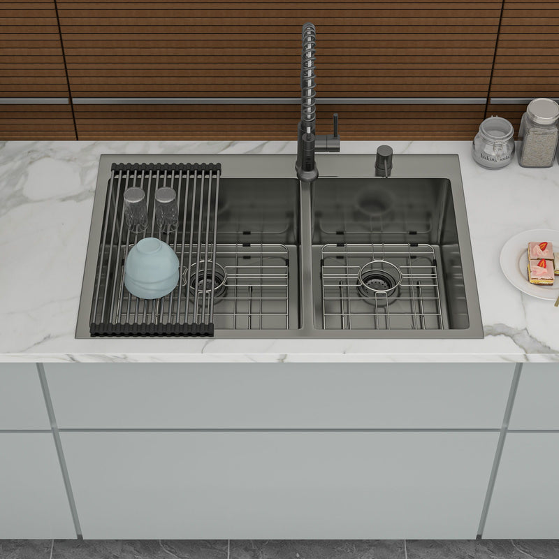Double Bowl Kitchen Sink 16 Gauge 33" X 22" With 2 10" Deep Basins - Gunmetal Black