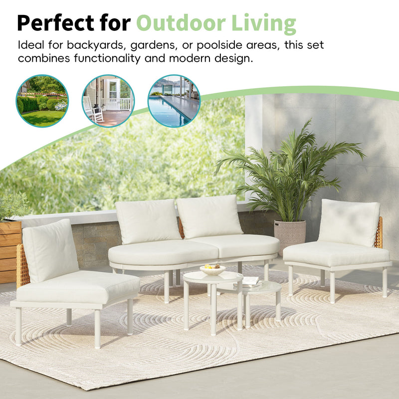 6 Piece Patio Set, Half Moon Outdoor Sectional Sofa With 2 High Low Coffee Tables, 4 Pillows & Cushions