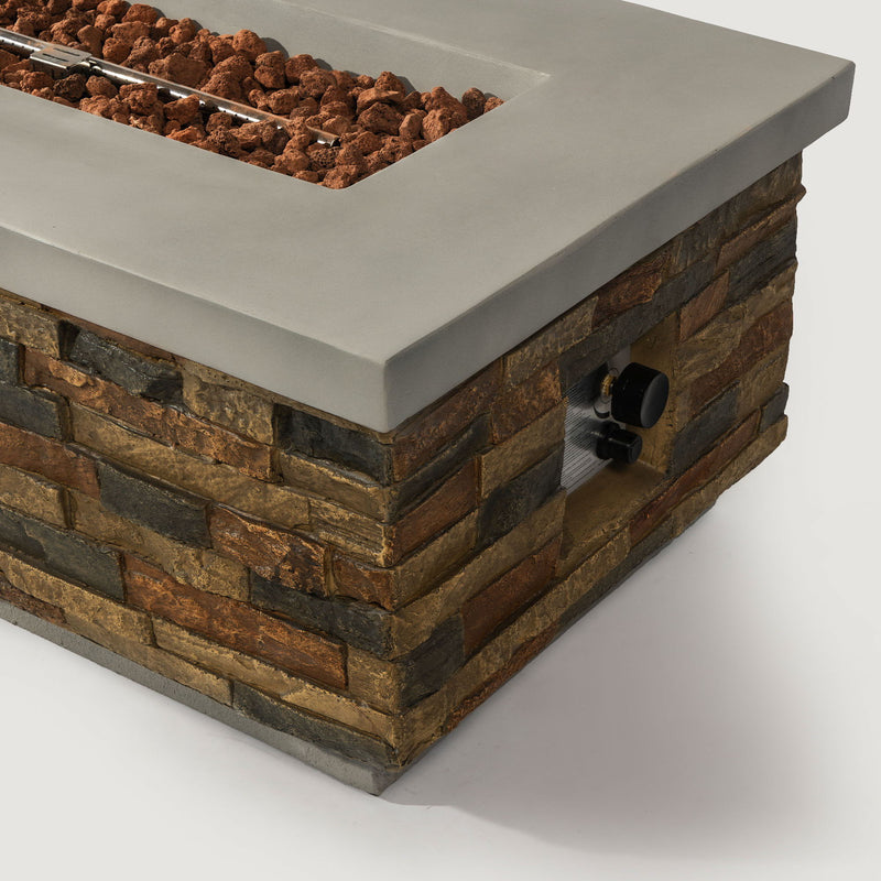 Propane Gas Fire Pit Table, 60000 Btu Rectangular For Outside Patio - Light Gray / Mixed Light Brown
