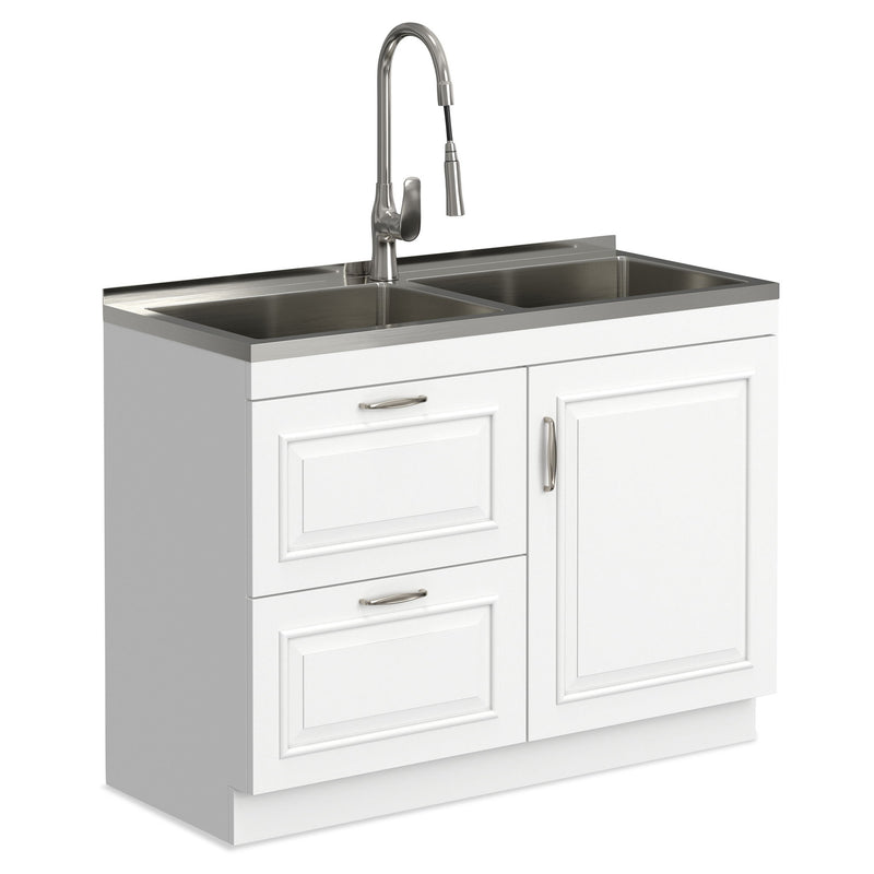 Darwin - Laundry Utility Sink And Cabinet With Dual Sinks, Pull Out Faucet - White