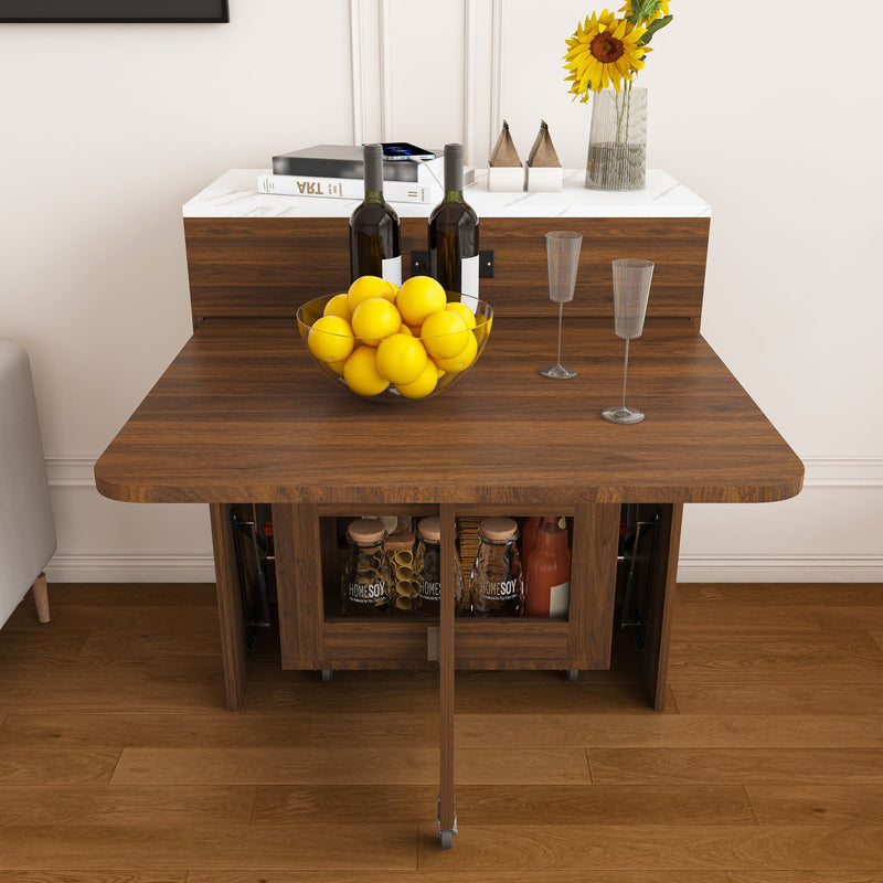 Extendable Dining Table With Power Socket, Lockable Casters, Storage Cabinet