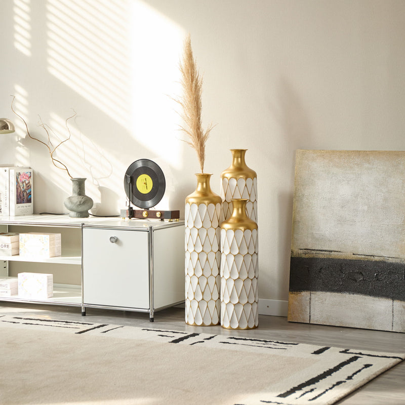 Floor Metal Vase Modern Style Decoration Home Droplet Shaped Metal Vase 3 Piece Set Gorgeous Home Decoration Large Glazed Metal Vase - Gold / White