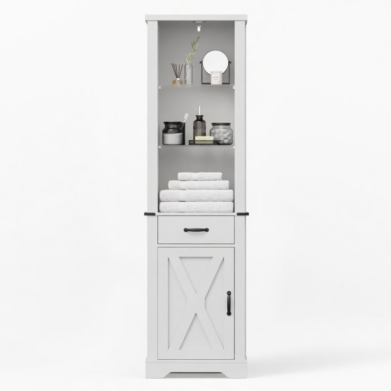 Pantry Cabinet With LED Lights And Barn Door With Tempered Glass Shelves - White