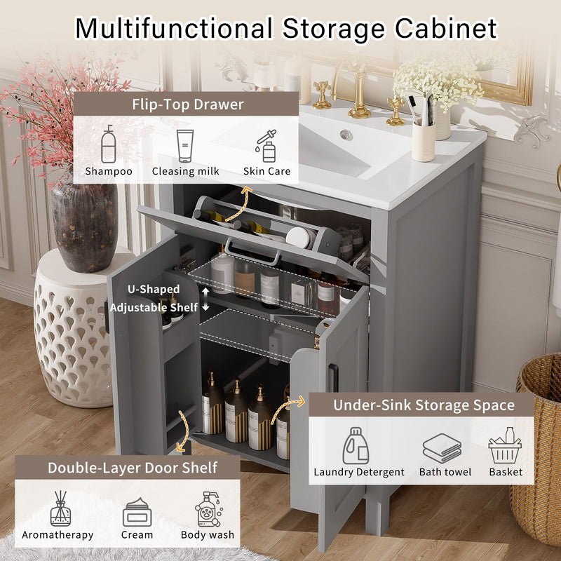 Bathroom Vanity With Ceramic Sink, Soft Close Doors, Flip Drawer, Double Layer Door Shelves