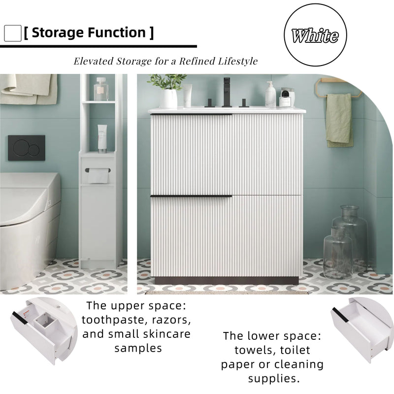 Fluted Bathroom Vanity With Ceramic Sink, Soft Close Slides