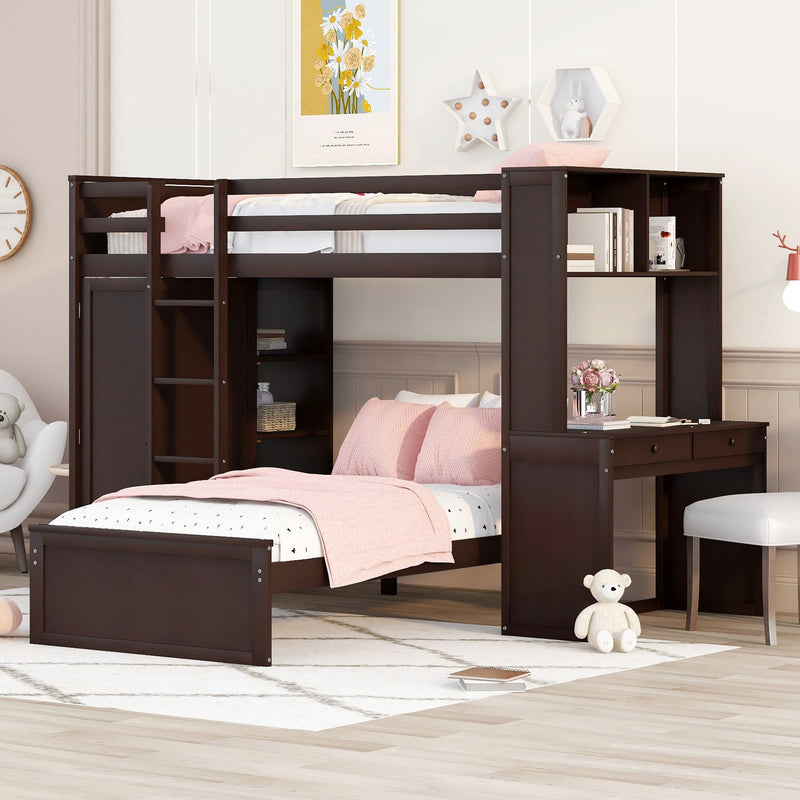 Loft Bed With A Stand Alone Bed, Shelves, Desk, And Wardrobe