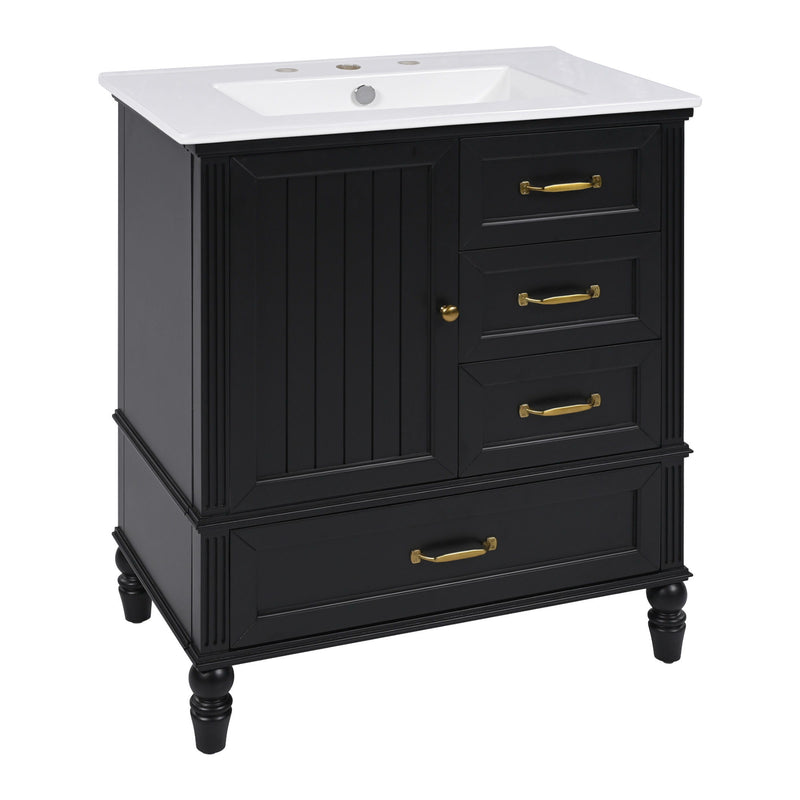 30" Bathroom Vanity With Sink, 3 Drawers, Adjustable Feet