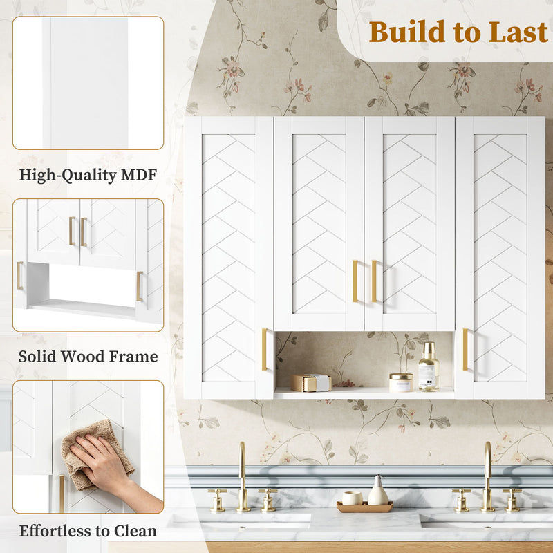 Wall Mounted Medicine Cabinet With 5 Adjustable Shelves, Exquisite Carving - White