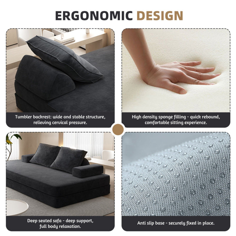 Multifunctional Convertible Sofa Bed With 2 Tumbler Backrests And 2 Pillows, Deep Seat Couch
