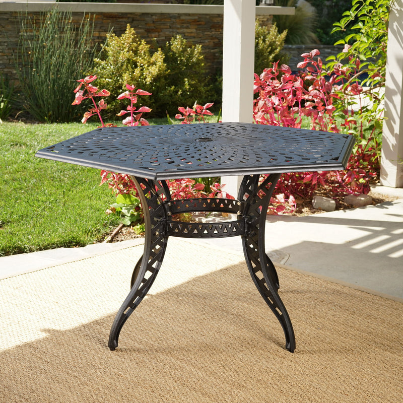 Outdoor Cast Aluminum Dining Table With Lattice Top And Umbrella Hole - Black