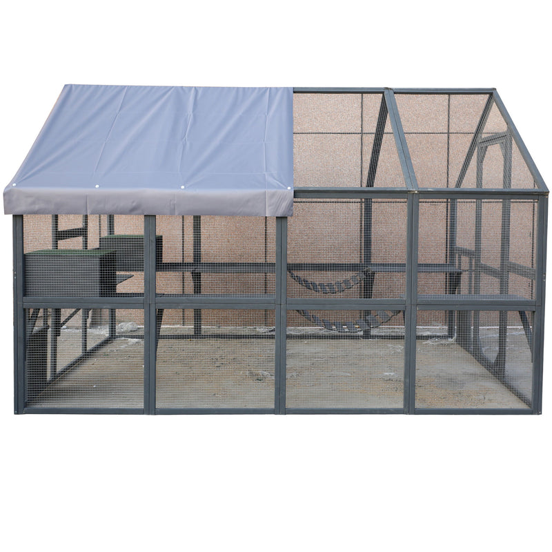 Spacious Wooden Cat Catio Outdoor Kitty House With Bridges And Roof Cover - Gray