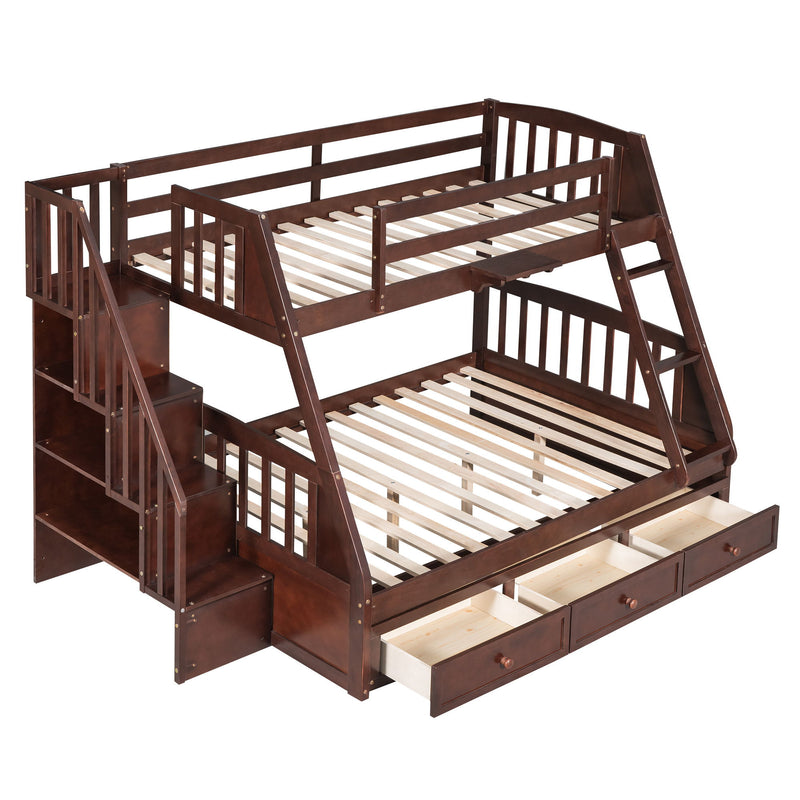 Twin Over Full Bunk Bed With Drawers, Ladder And Storage Staircase - Espresso