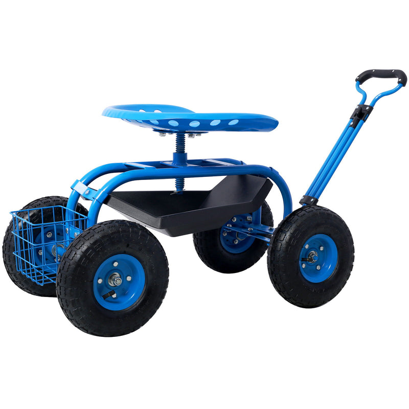 Rolling Garden Scooter Cart Seat With Wheels, 360 Swivel Seat, Tool Tray