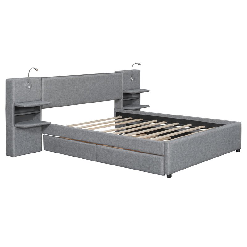 Upholstered Platform Bed With Reading Lights, Drawers, Trundle And Shelves