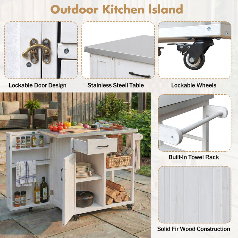 Outdoor Kitchen Island Prep Station With Lockable Wheels, Ample Storage, Towel & Spice Racks