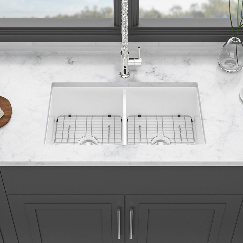 Elegant Dual Mount 32" Undermount Double Bowl Ceramic Kitchen Sink - White