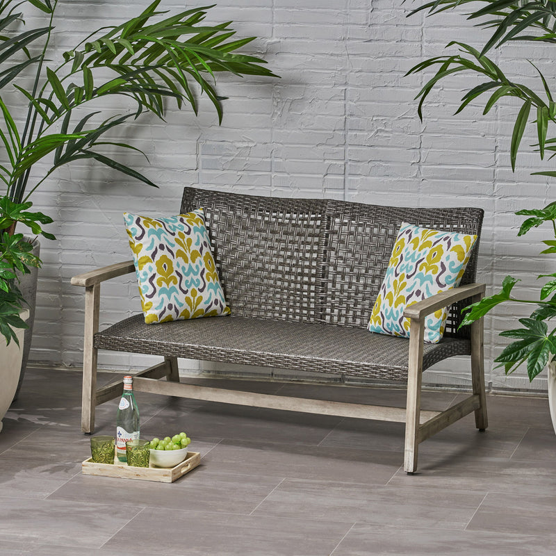 Hampton - Outdoor Wood And Wicker Loveseat - Gray