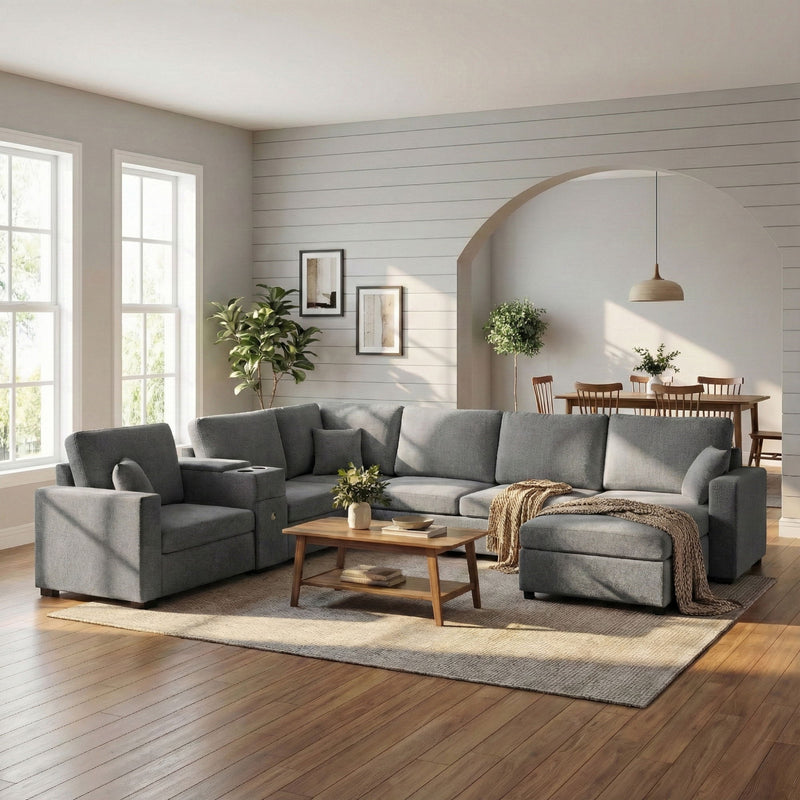 Modular 5 Seat U-Shape Sectional Sofa With Chaise Lounge, Built In Cup Holders And Storage Drawer