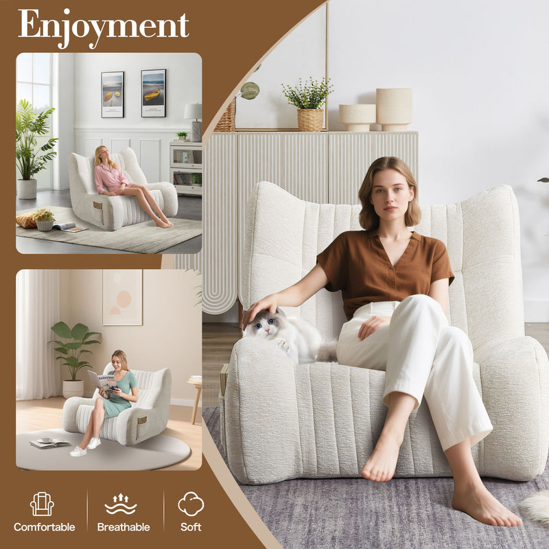 Bean Bag Chair For Adults, Lazy Floor Sofa Couch Memory Foam Bean Bag Sofas Chenille Fabric Reading Chair Comfortable Corner Lounge Sofa For Living Room - White