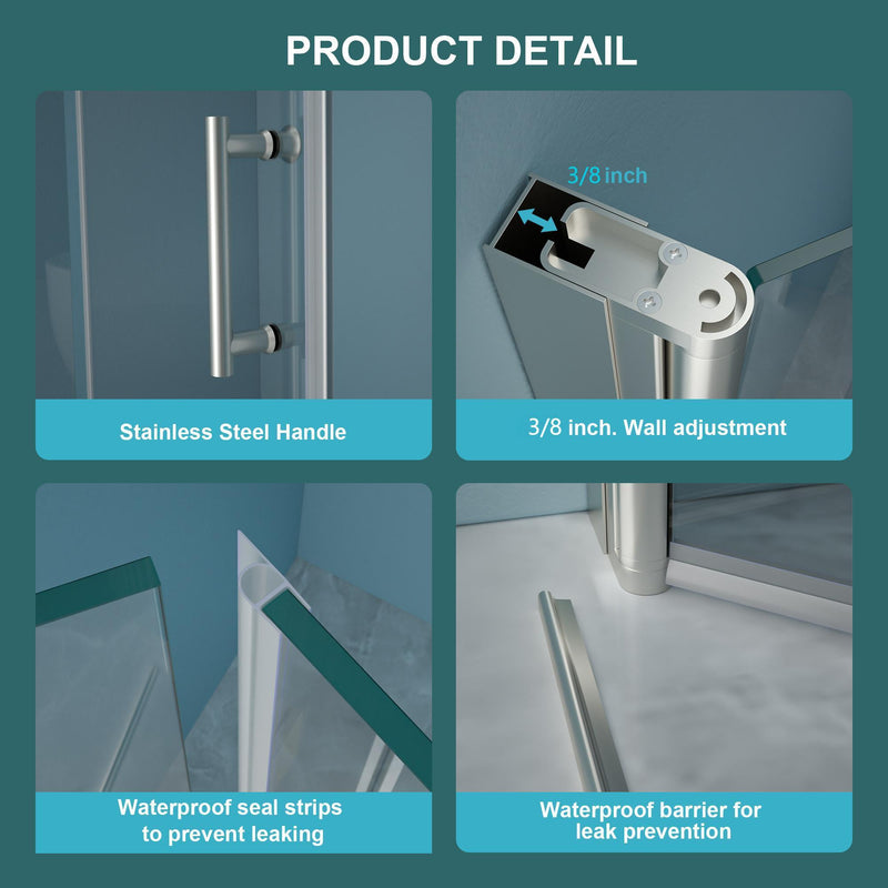 Fold Frameless Shower Door With Tempered Glass - Brushed Silver