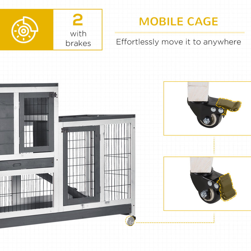 Pawhut - Wooden Rabbit Hutch Elevated Bunny Cage Indoor Small Animal Habitat With Enclosed Run With Wheels, Ramp, Removable Tray Ideal For Guinea Pigs - Gray / White