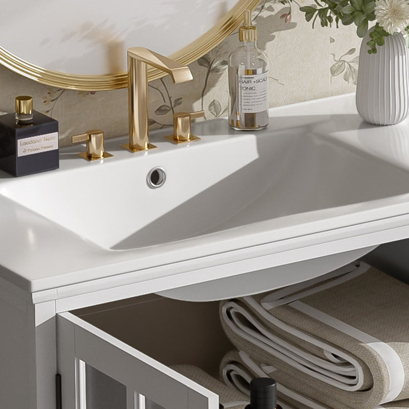 Modern Bathroom Vanity With Ceramic Sink, Tempered Blurred Glass Doors