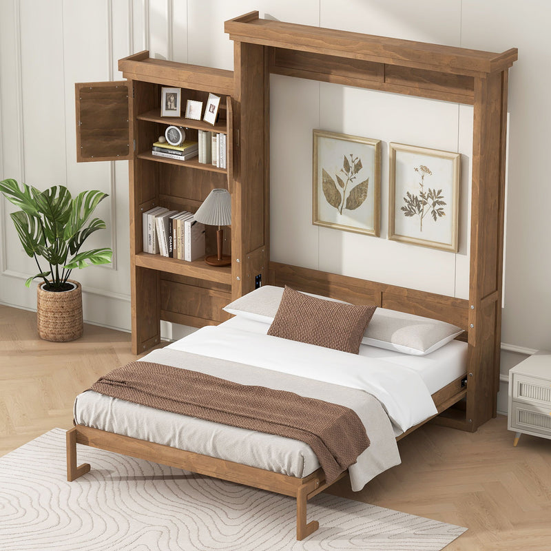 Queen Size Murphy Bed With Louvered Design And Multiple Storage Shelves - Wood