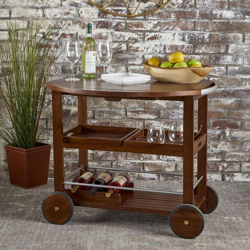 Wood And Aluminum Bar Cart With 2 Shelves - Oak / Silver