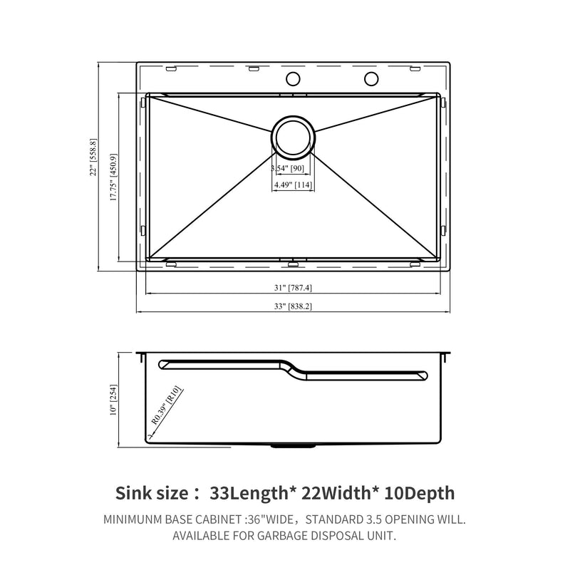 33" Drop In Kitchen Sink With Ledge Workstation, Single Bowl, 16 Gauge Stainless Steel - Brushed Nickel