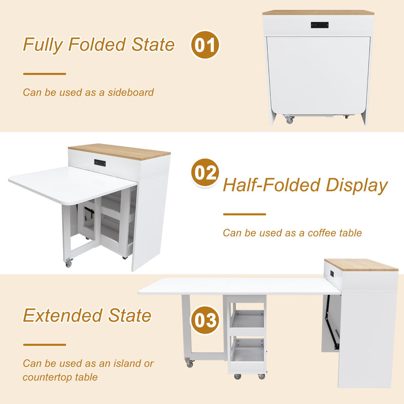 Extendable Dining Table With Power Socket, Lockable Casters, Storage Cabinet