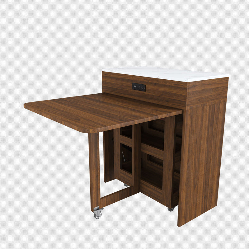 Extendable Dining Table With Power Socket, Lockable Casters, Storage Cabinet