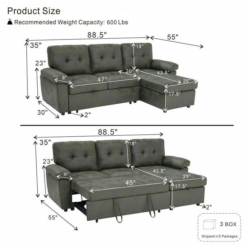 Convertible L - Sectional Sofa Bed With Storage Chaise And Padded Armrests
