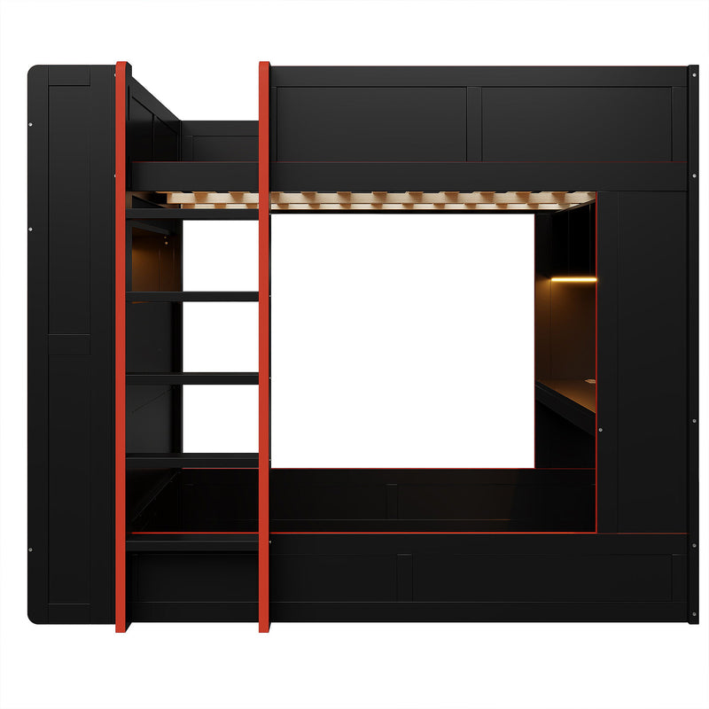 Full Size Gaming Bunk Bed With Desk, Storage Shelves, LED And Charging Station - Black