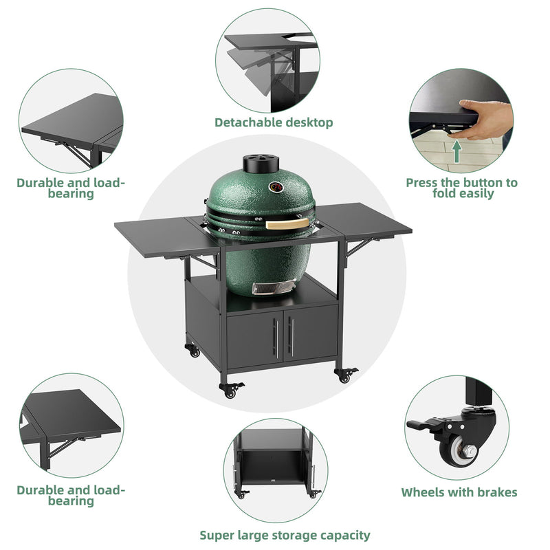 Outdoor Grill Table For Big Egg Style Bbq Metal Grill Cart With 2 Folding Panels Metal - Black