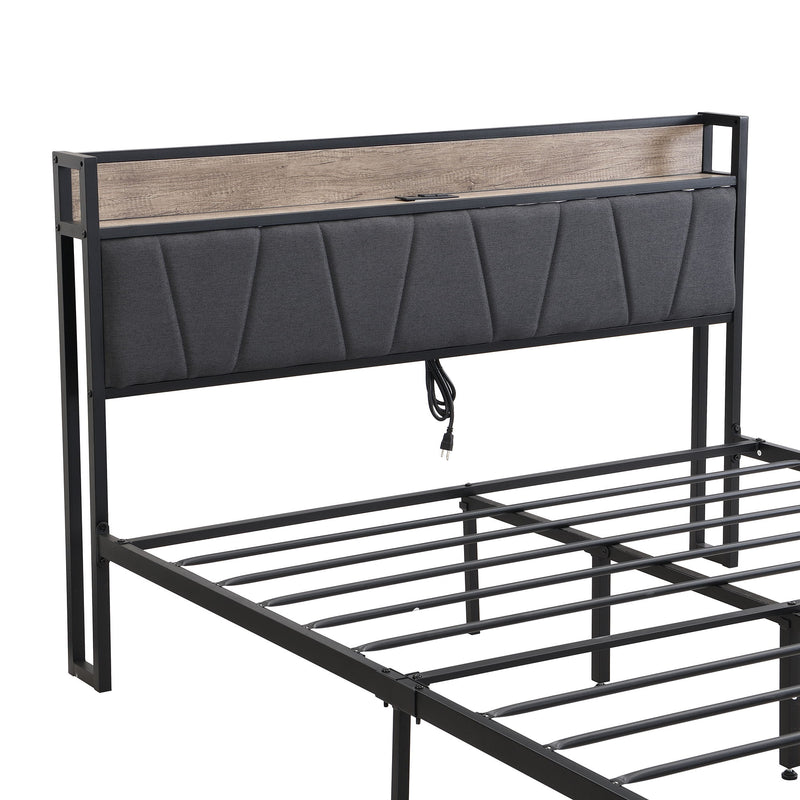 Modern Bed Frame With LED Lights, Upholstered Headboard, USB Charging